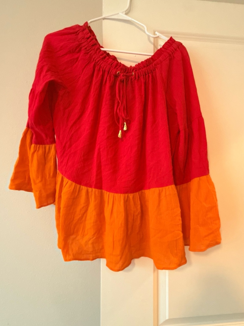 Donna Karan Two-Tone Peasant Tunic - Red & Orange